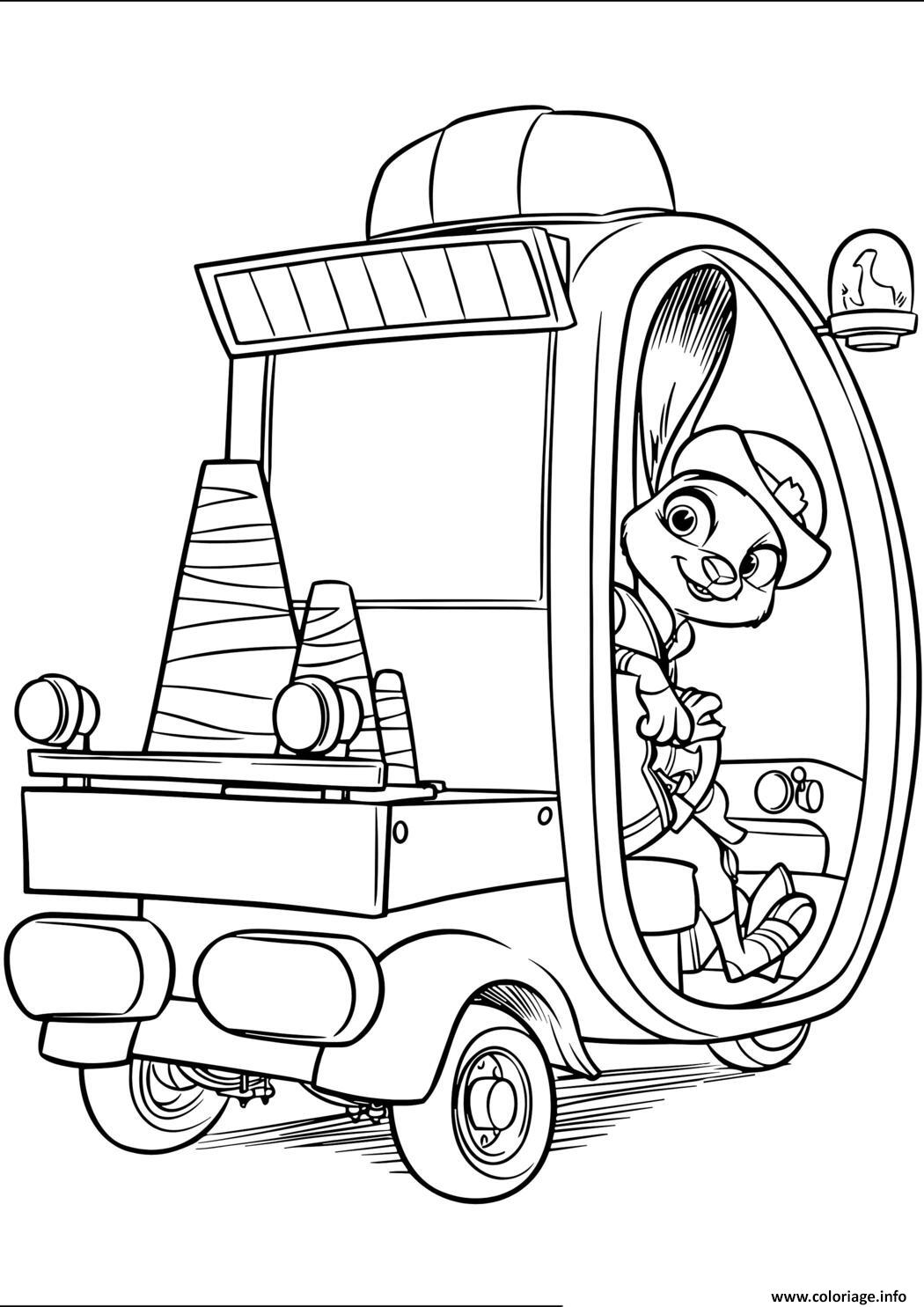 Dessin judy hopps dans sa voiture de police    zootopie Coloriage Gratuit à Imprimer